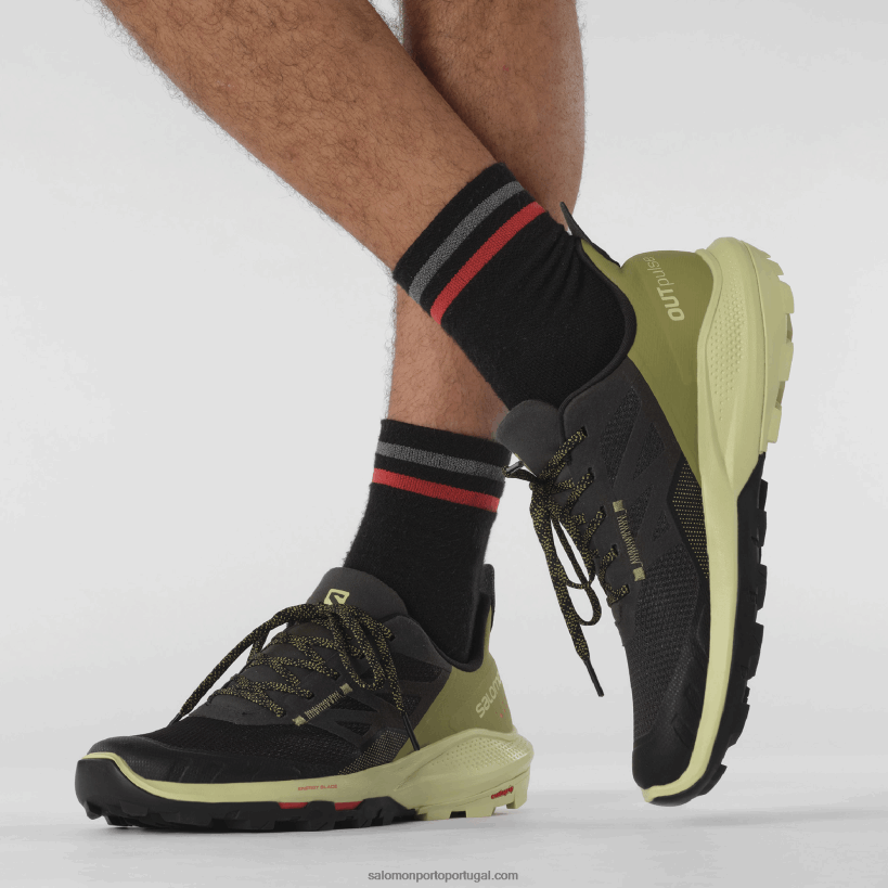 Salomon sapatos de caminhada masculinos - outpulse 04D6V828 preto/verde alho-poró/vermelho papoula