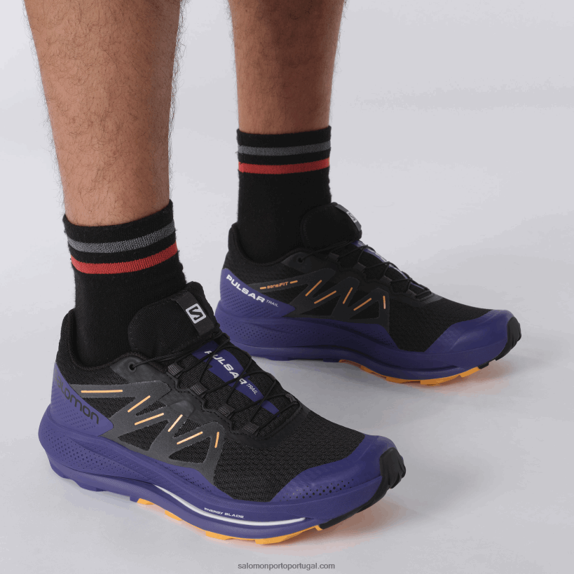 Salomon tênis de corrida masculino - trilha pulsar 04D6V81462 preto/azul clematis/laranja brilhante