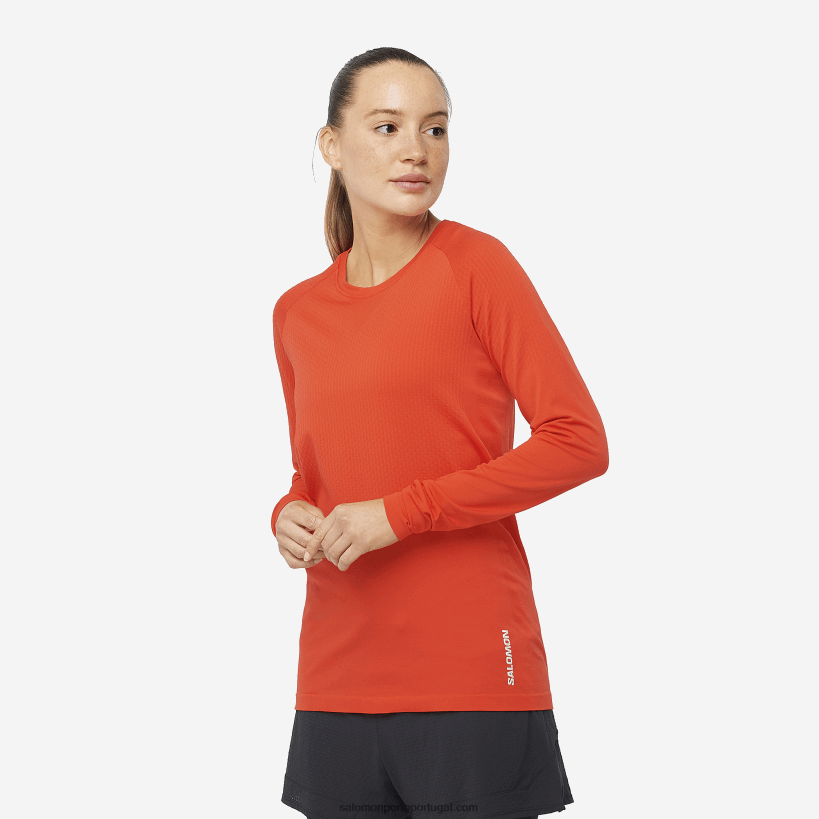 Salomon camiseta manga longa feminina - sense aero sem costura 04D6V8909 vermelho flamejante